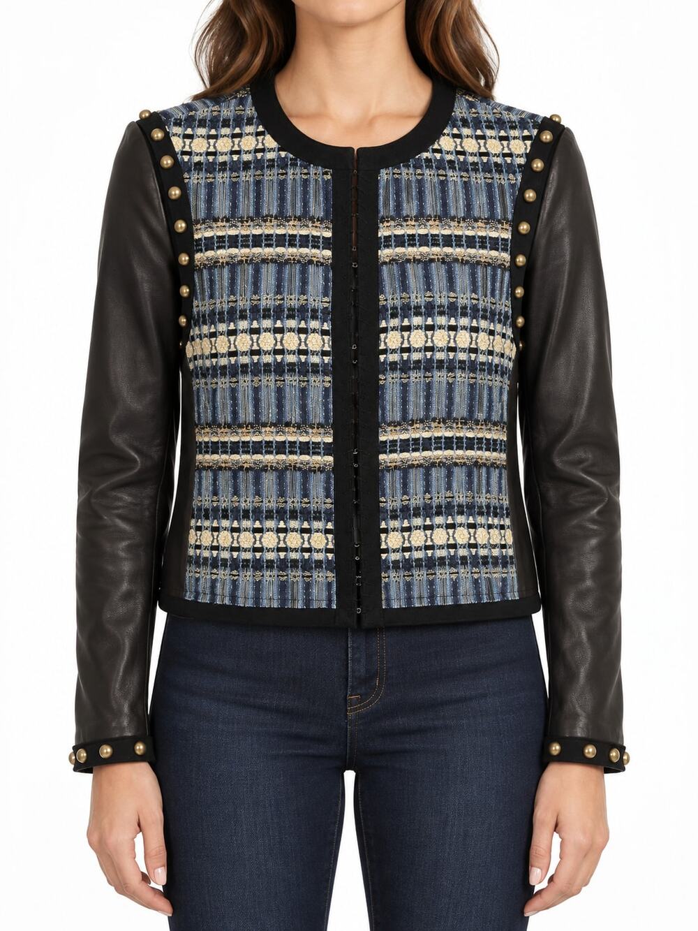Ramy Brook Alanza Jacket Women's L Navy Multi Tweed Leather Studded NWT A0818401